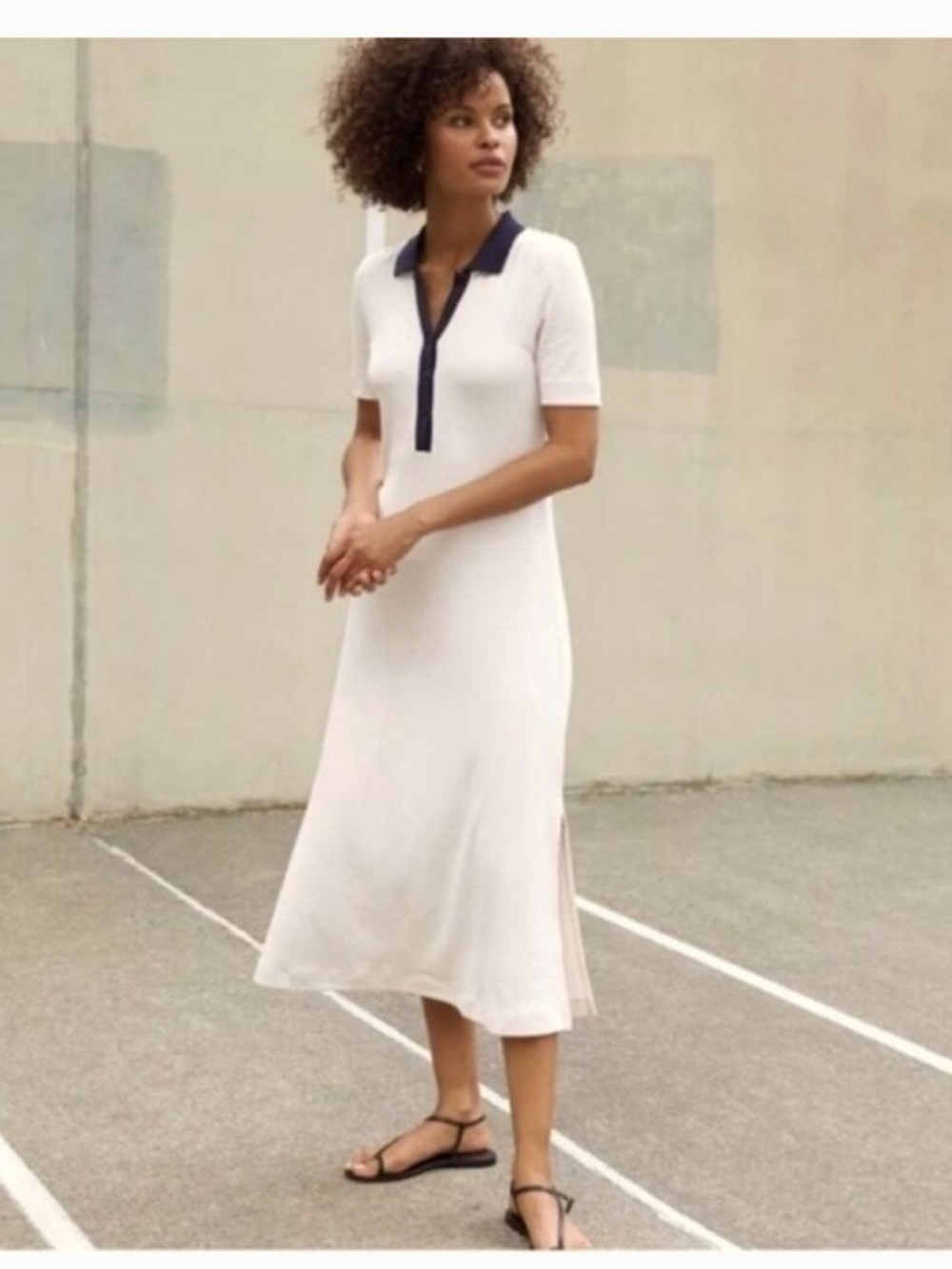 AYR Scout Ivory Knit Polo Midi Dress with Navy Trim sz M